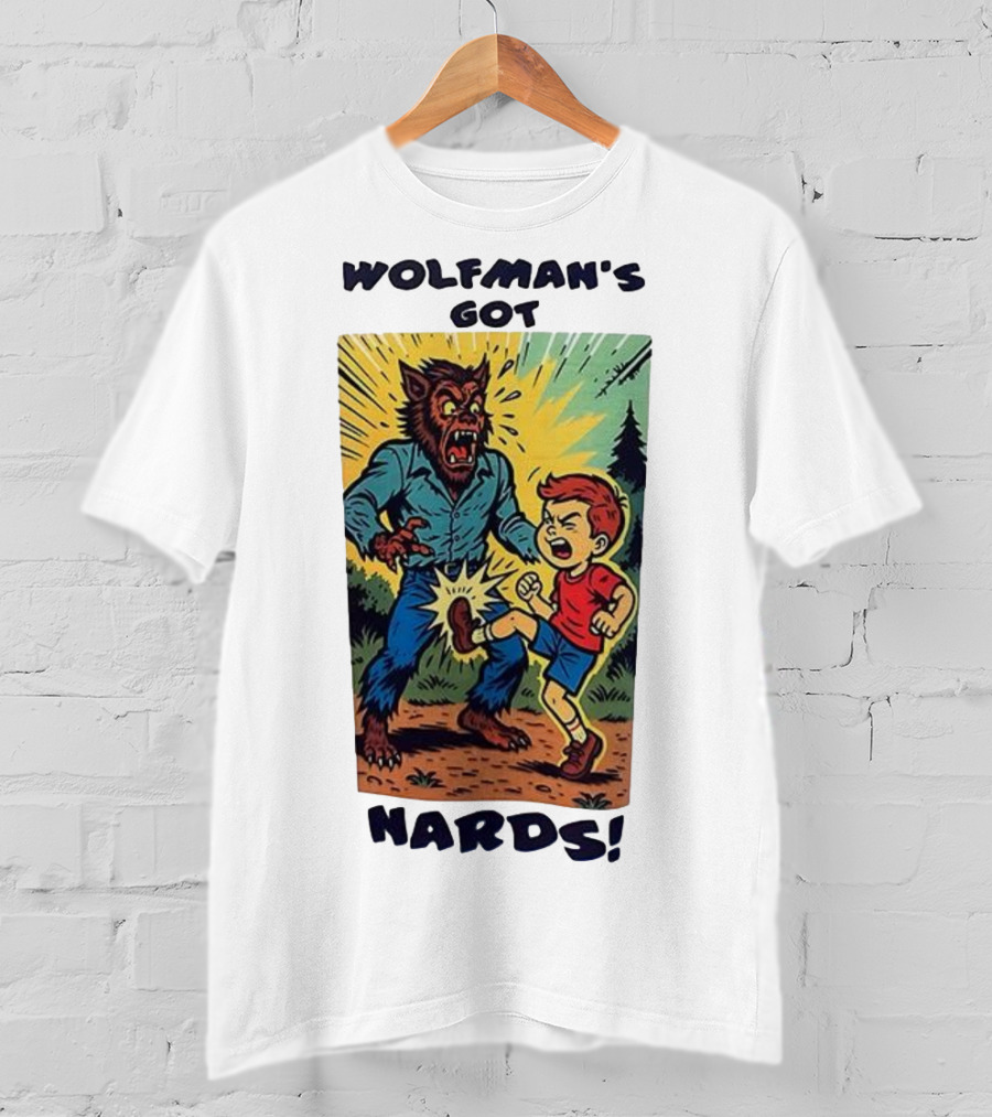 Wolfman’s Got Nards Vintage Comic Style Kid Kicking Wolfman T-Shirt