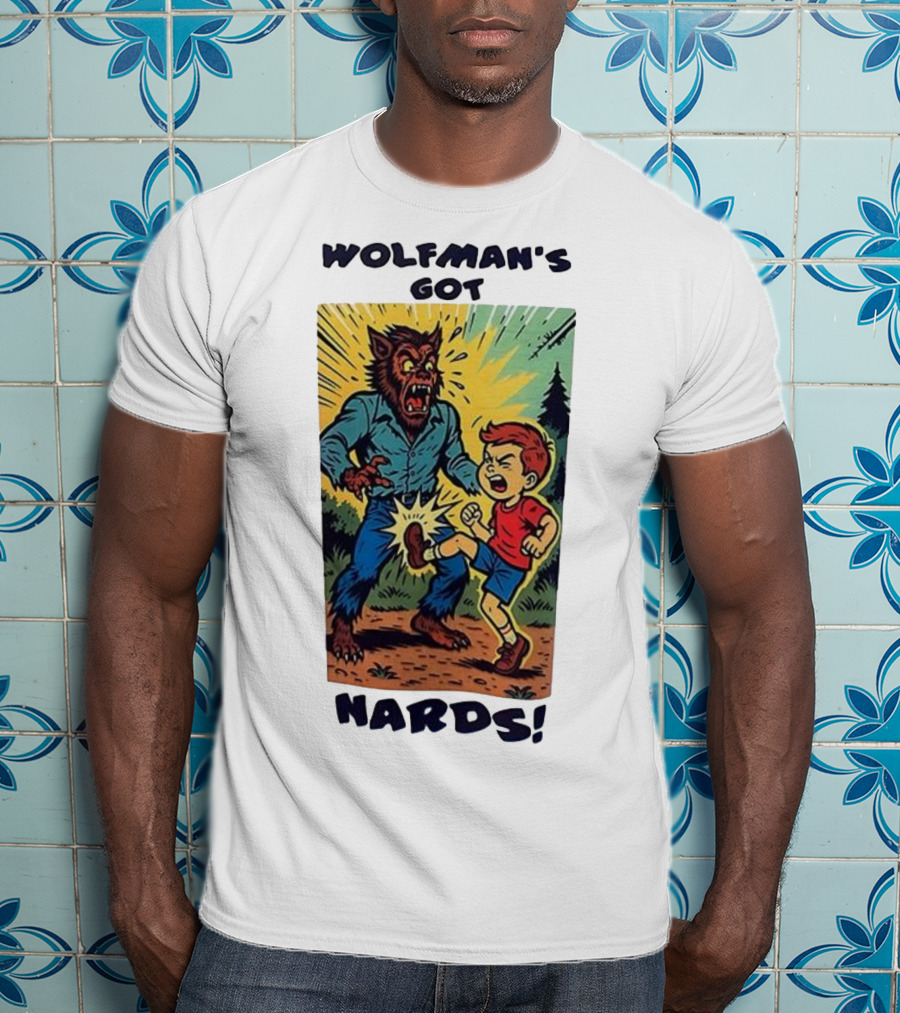 Wolfman’s Got Nards Vintage Comic Style Kid Kicking Wolfman T-Shirt