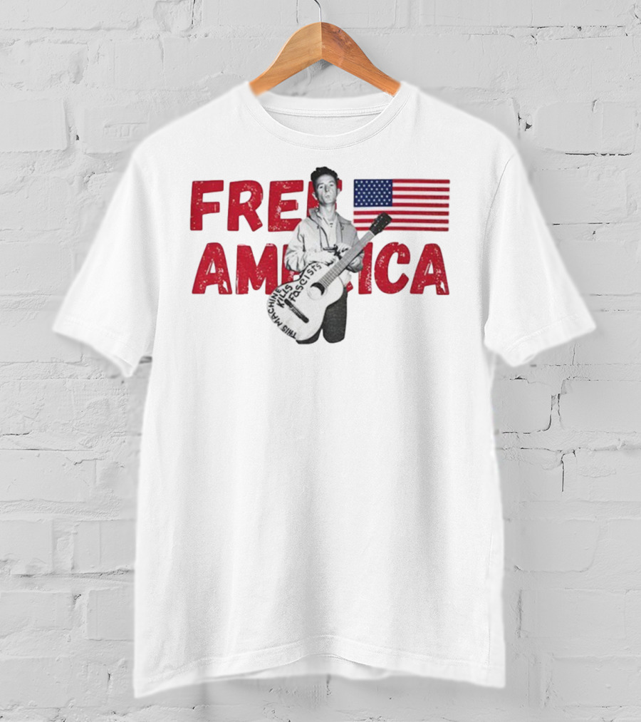 Woody Guthrie This Machine Kills Fascists Free America USA Flag T-Shirt