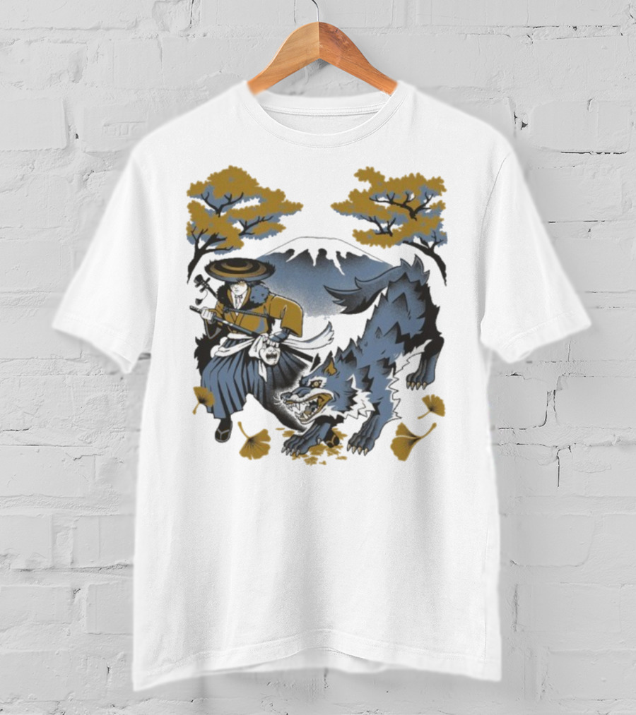 Ghost Of Yotei The Hunters Ukiyo-e Warrior With Wolf Mythical Scene T-Shirt