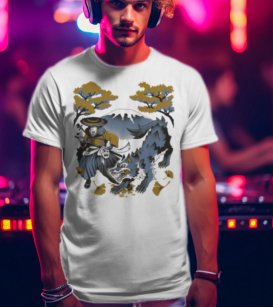 Ghost Of Yotei The Hunters Ukiyo-e Warrior With Wolf Mythical Scene T-Shirt