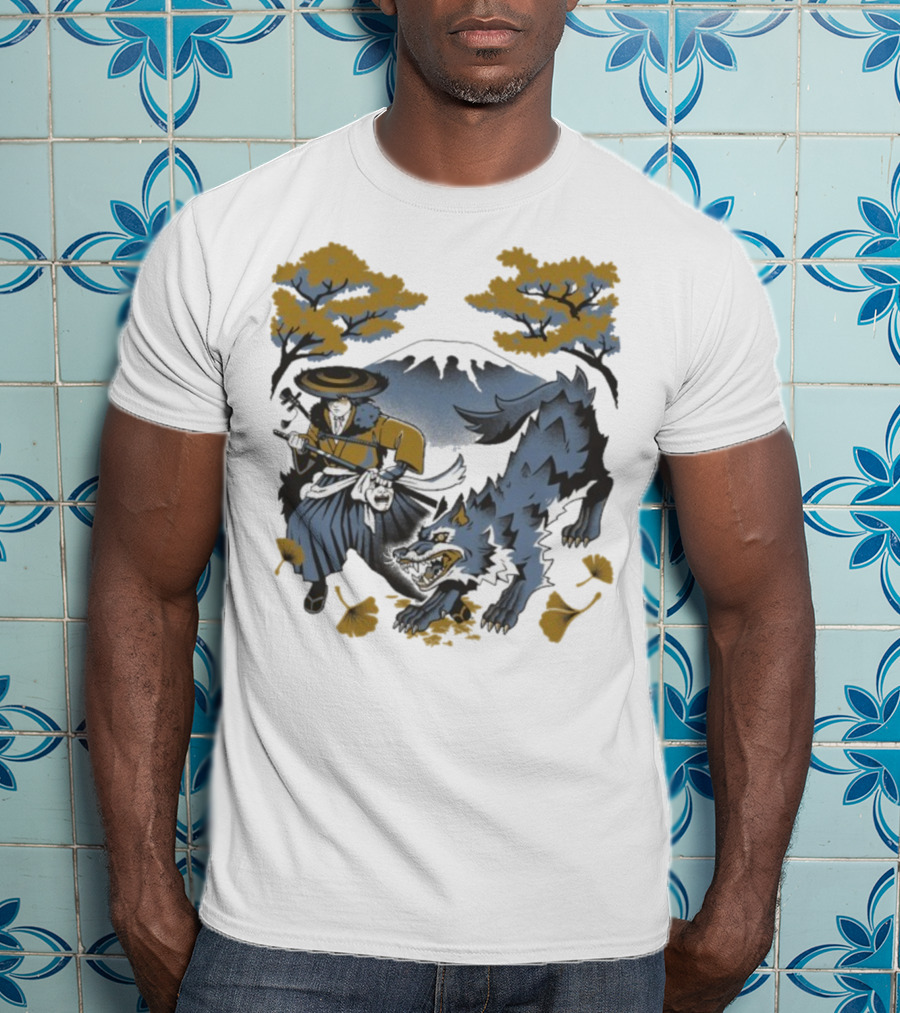 Ghost Of Yotei The Hunters Ukiyo-e Warrior With Wolf Mythical Scene T-Shirt