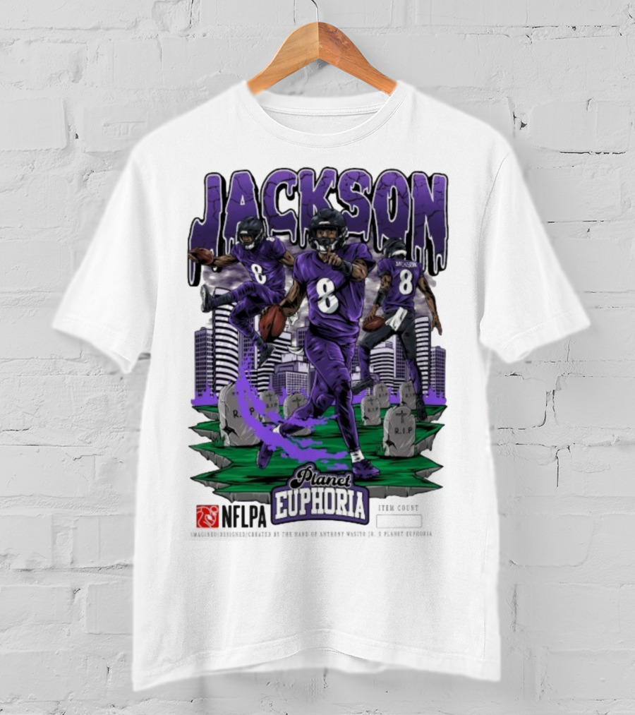 Lamar Jackson NFLPA Planet Euphoria Purple Football Action T-Shirt