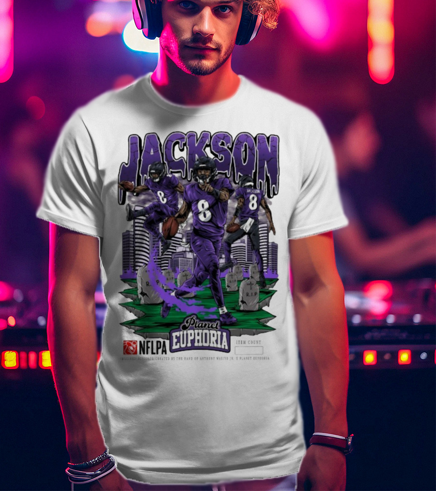 Lamar Jackson NFLPA Planet Euphoria Purple Football Action T-Shirt