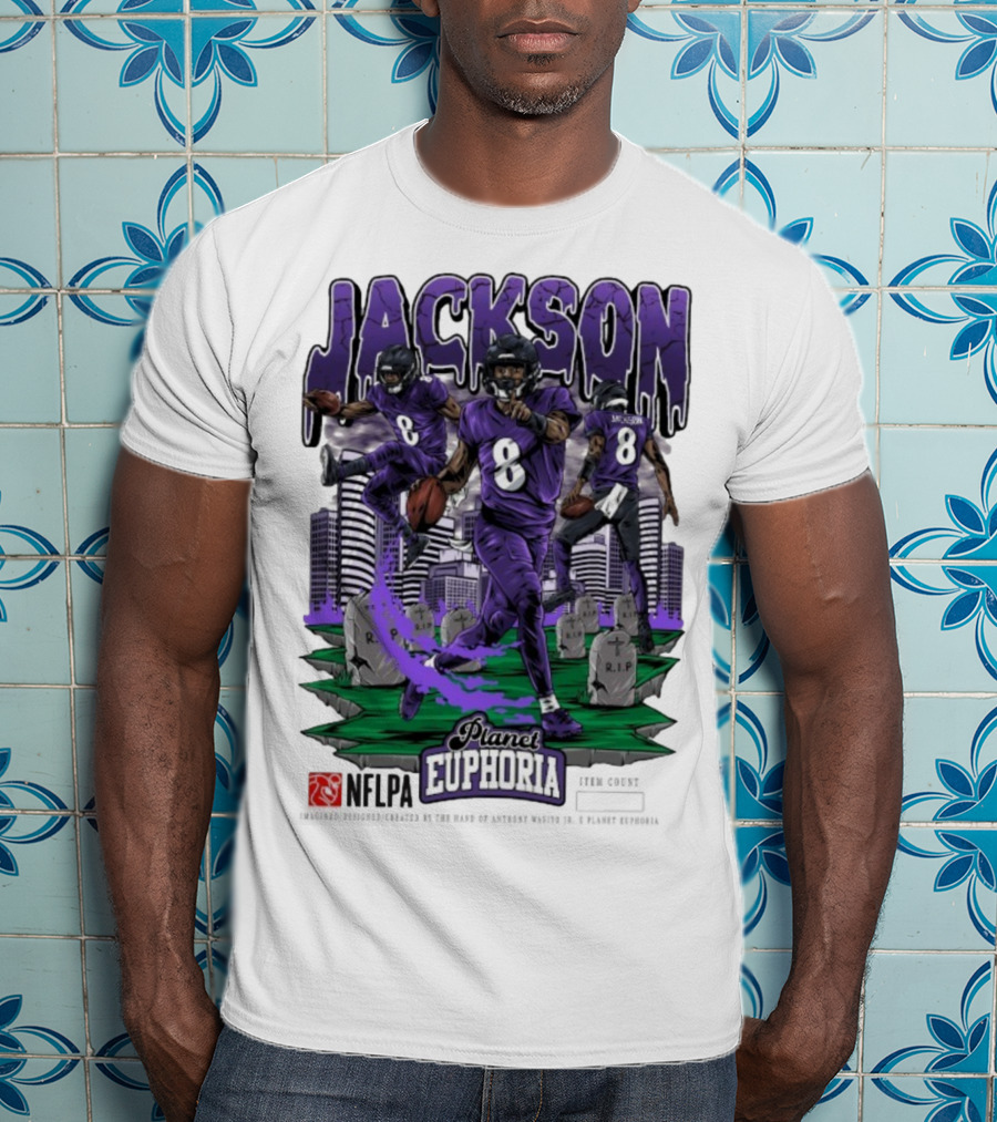 Lamar Jackson NFLPA Planet Euphoria Purple Football Action T-Shirt