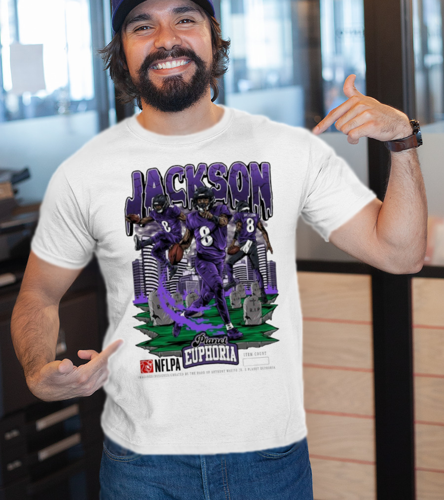 Lamar Jackson NFLPA Planet Euphoria Purple Football Action T-Shirt