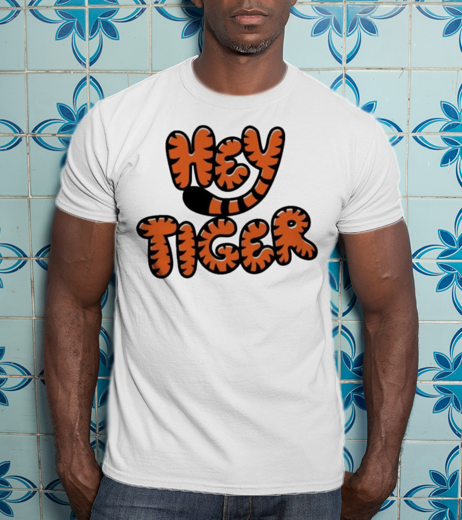 Cincinnati Bengals Hey Tiger Striped Bubble Letter Tiger Tail Pattern T-Shirt