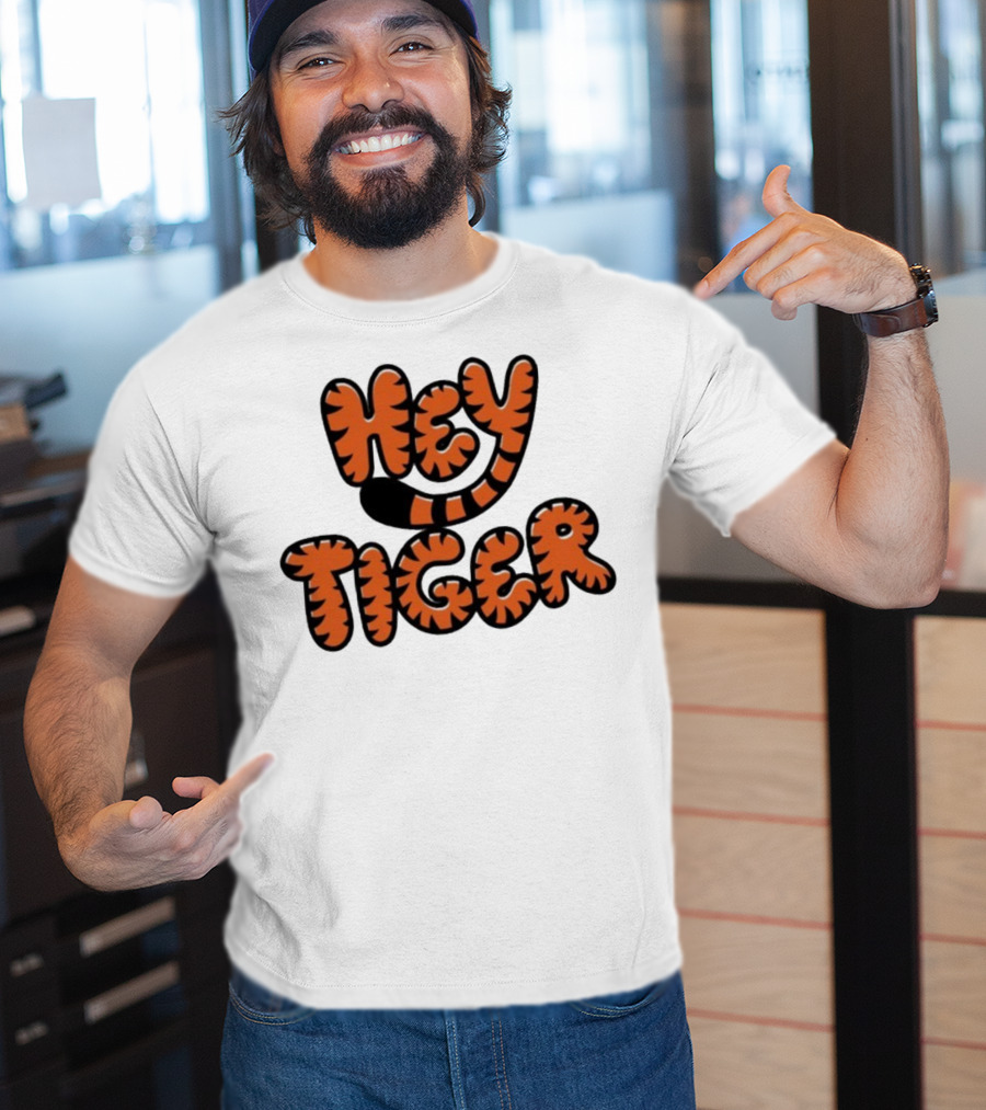 Cincinnati Bengals Hey Tiger Striped Bubble Letter Tiger Tail Pattern T-Shirt