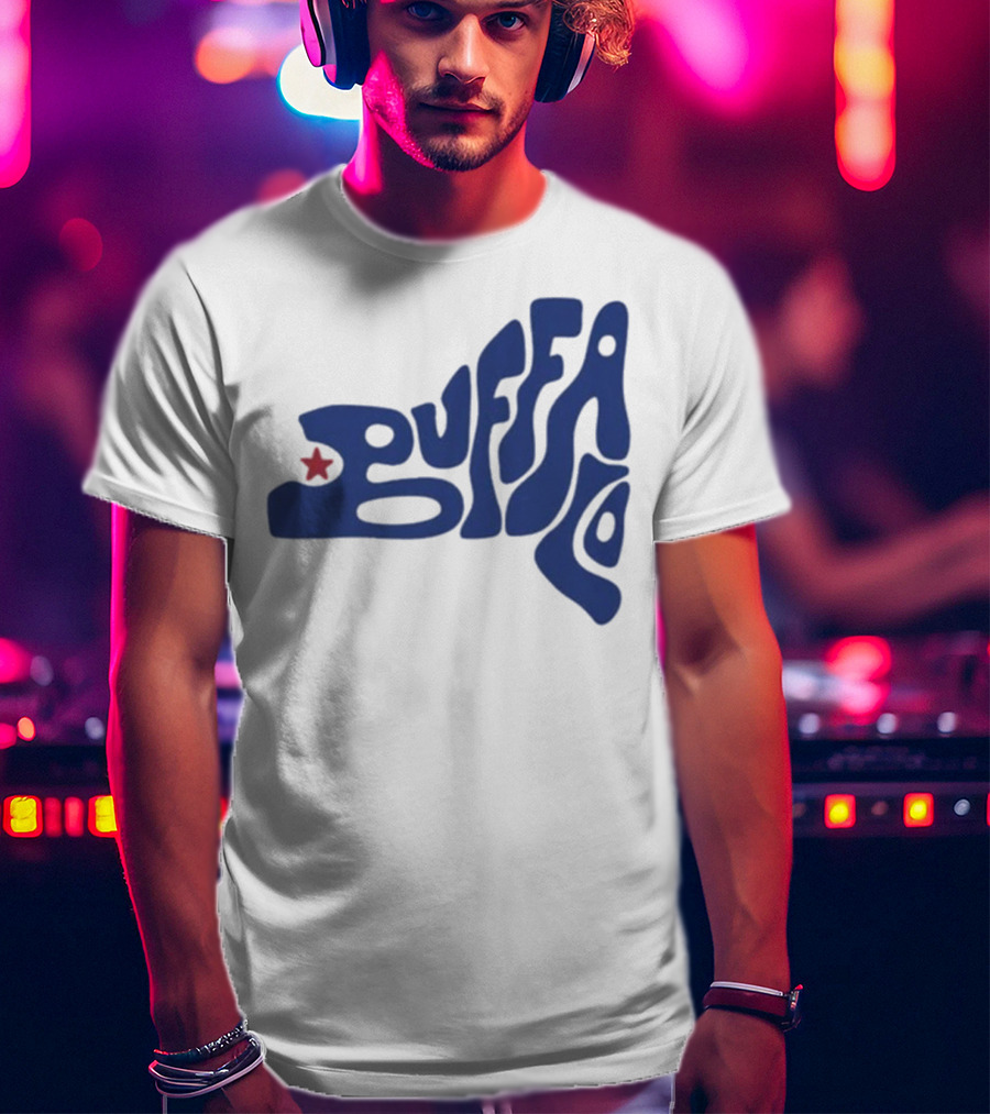 Funky Buffalo Retro Psychedelic Typography With Red Star T-Shirt