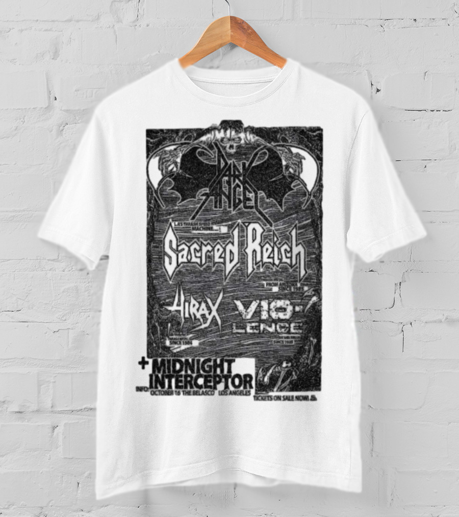 Dark Angel Sacred Reich Hirax Vio-Lence Midnight Interceptor The Belasco Los Angeles October 16 2025 T-Shirt