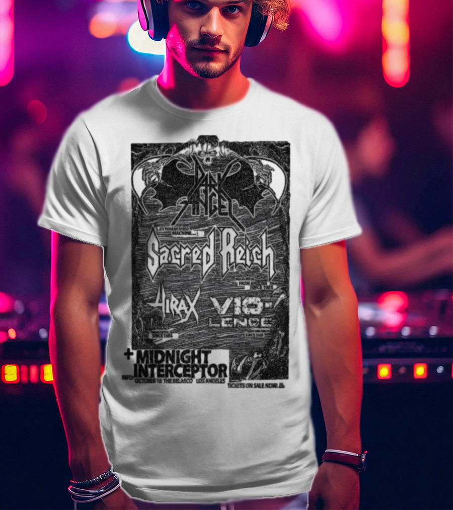 Dark Angel Sacred Reich Hirax Vio-Lence Midnight Interceptor The Belasco Los Angeles October 16 2025 T-Shirt