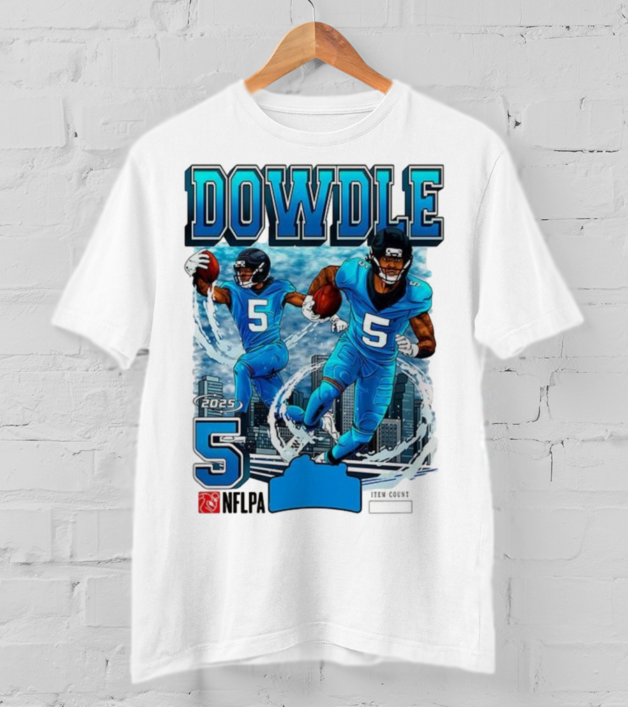 Rico Dowdle Carolina Panthers 2025 Number 5 Skyline NFLPA T-Shirt