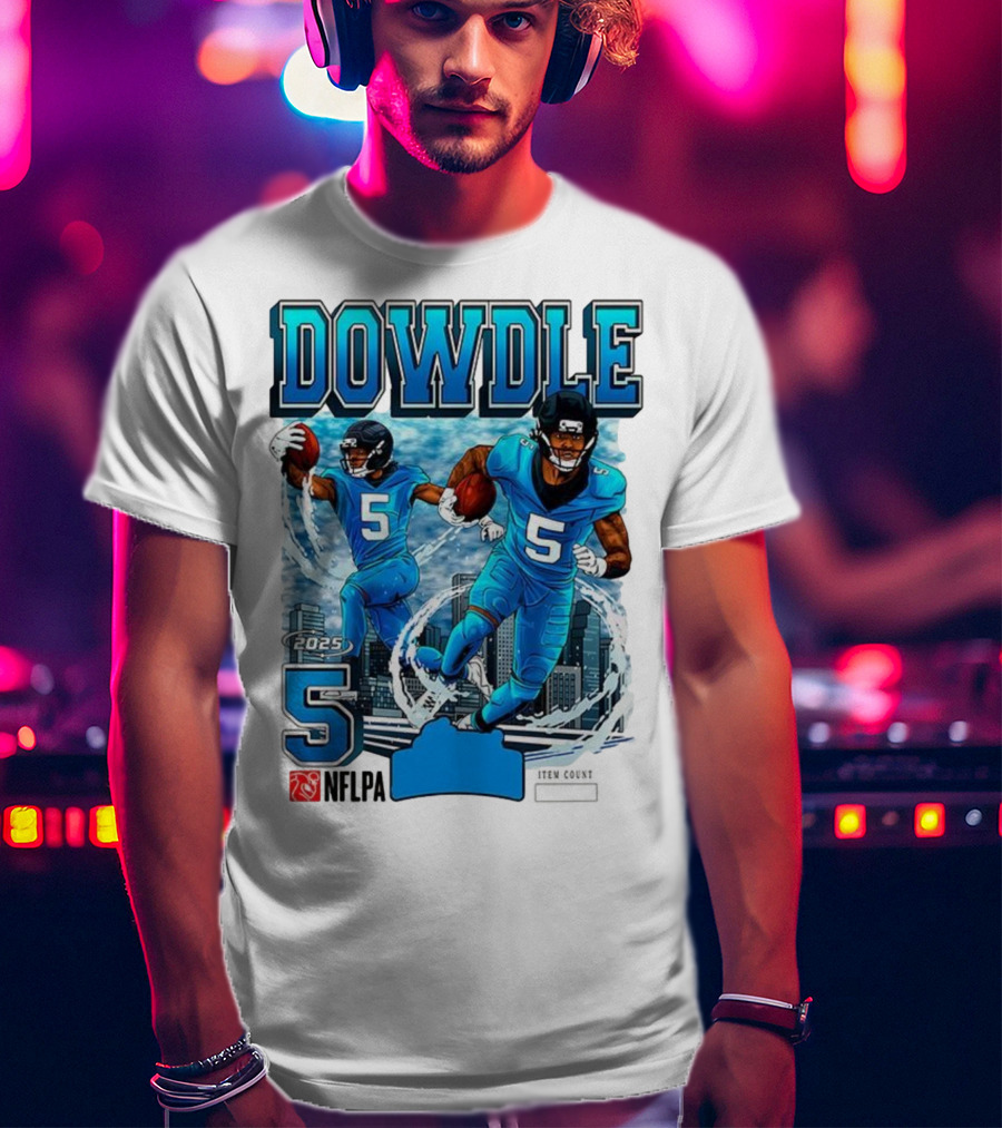 Rico Dowdle Carolina Panthers 2025 Number 5 Skyline NFLPA T-Shirt