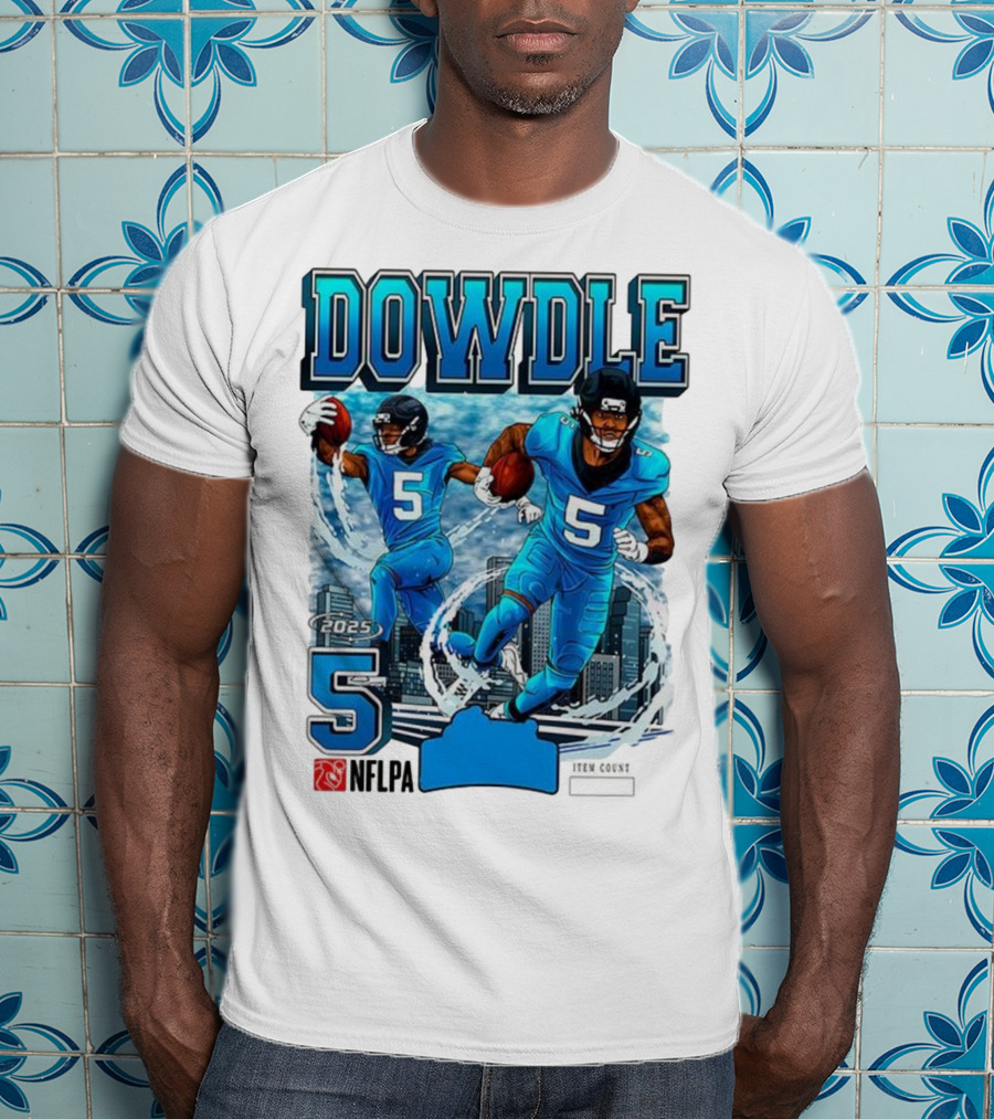 Rico Dowdle Carolina Panthers 2025 Number 5 Skyline NFLPA T-Shirt