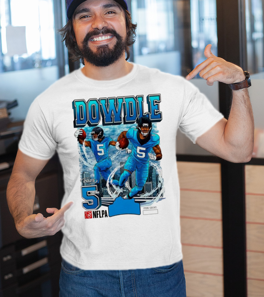 Rico Dowdle Carolina Panthers 2025 Number 5 Skyline NFLPA T-Shirt