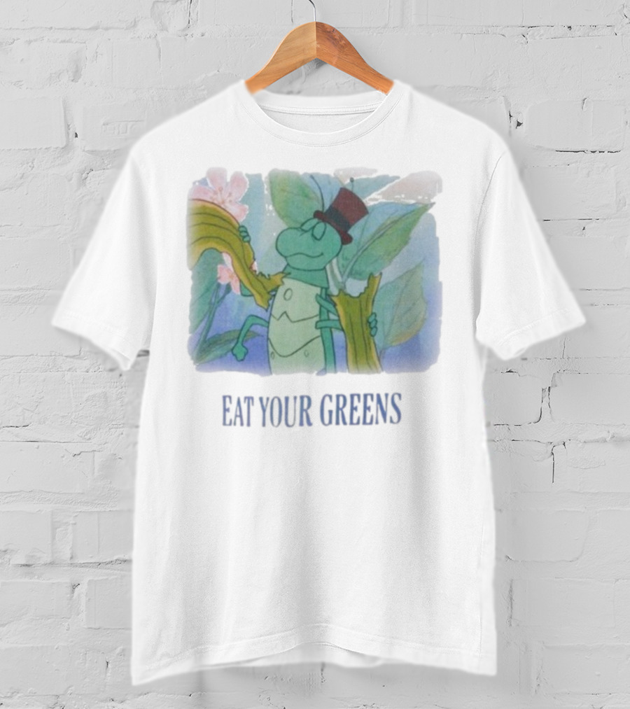 Eat Your Greens Cartoon Grasshopper Top Hat Celery Art T-Shirt