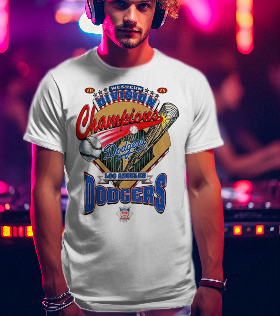 Los Angeles Dodgers 2025 Western Division Champions Baseball Bat And Ball T-Shirt