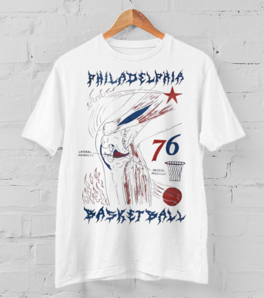 Philadelphia Basketball Red Blue Artistic 76 Star Knee Sketch T-Shirt