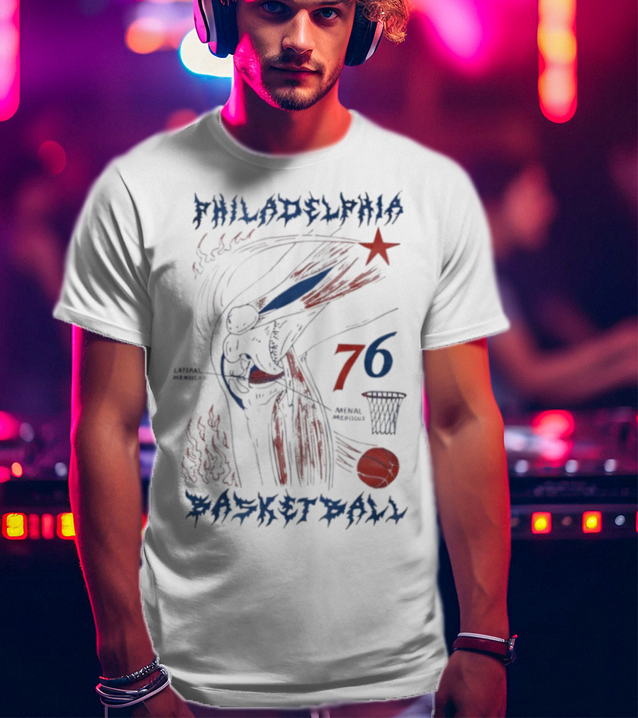 Philadelphia Basketball Red Blue Artistic 76 Star Knee Sketch T-Shirt