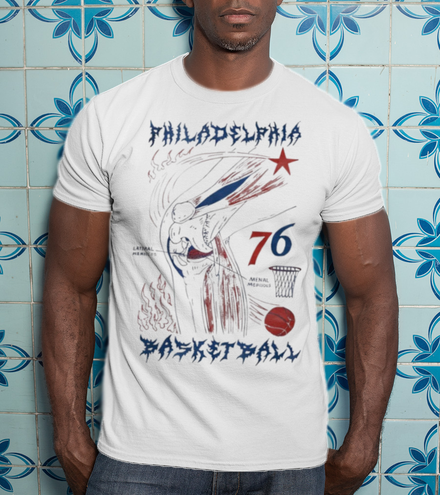 Philadelphia Basketball Red Blue Artistic 76 Star Knee Sketch T-Shirt