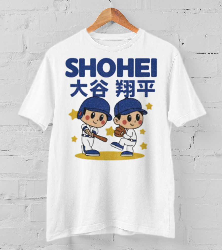 Shohei Ohtani Cartoon Baseball MLB Anime Style Kanji Stars T-Shirt