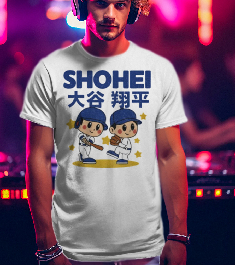 Shohei Ohtani Cartoon Baseball MLB Anime Style Kanji Stars T-Shirt