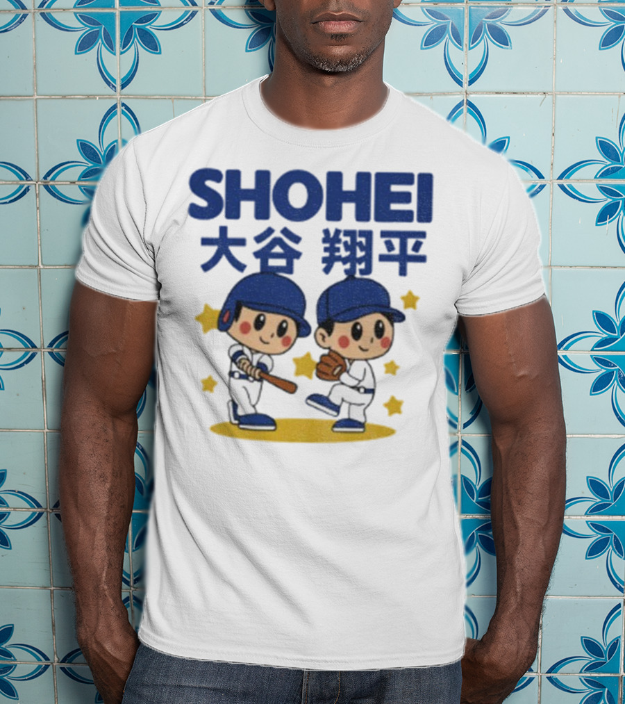 Shohei Ohtani Cartoon Baseball MLB Anime Style Kanji Stars T-Shirt