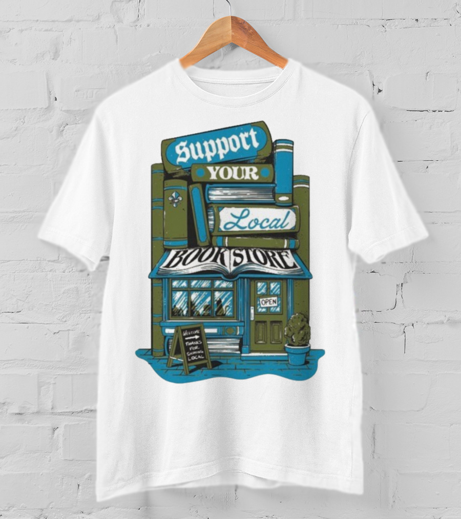 Support Your Local Bookstore Open Vintage Bookshelf Design T-Shirt