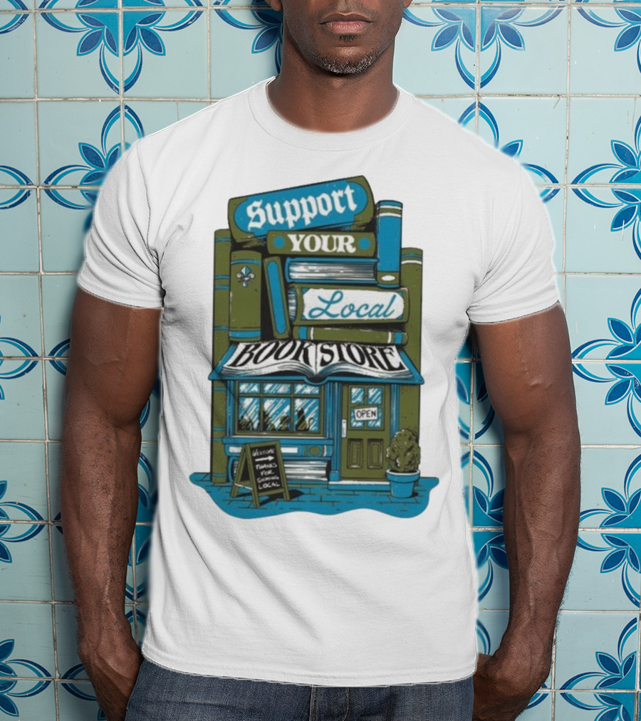 Support Your Local Bookstore Open Vintage Bookshelf Design T-Shirt