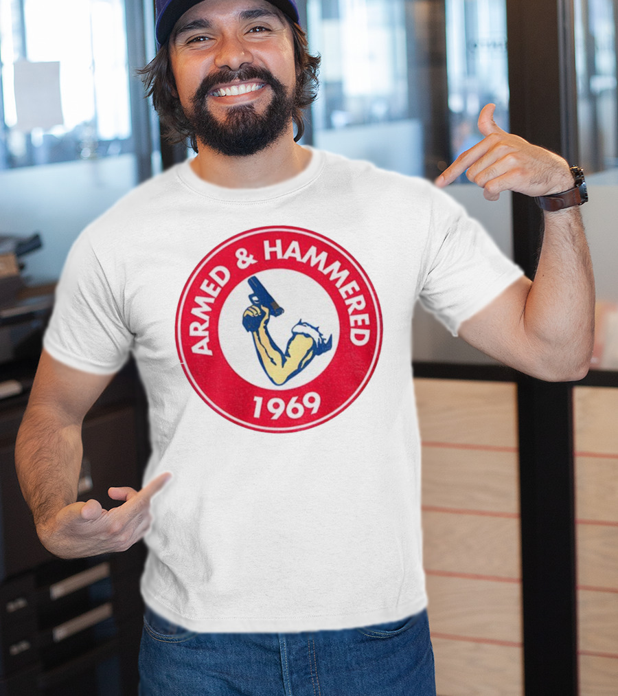 Armed And Hammered 1969 Circle Red And White Vintage Arm With Gun T-Shirt
