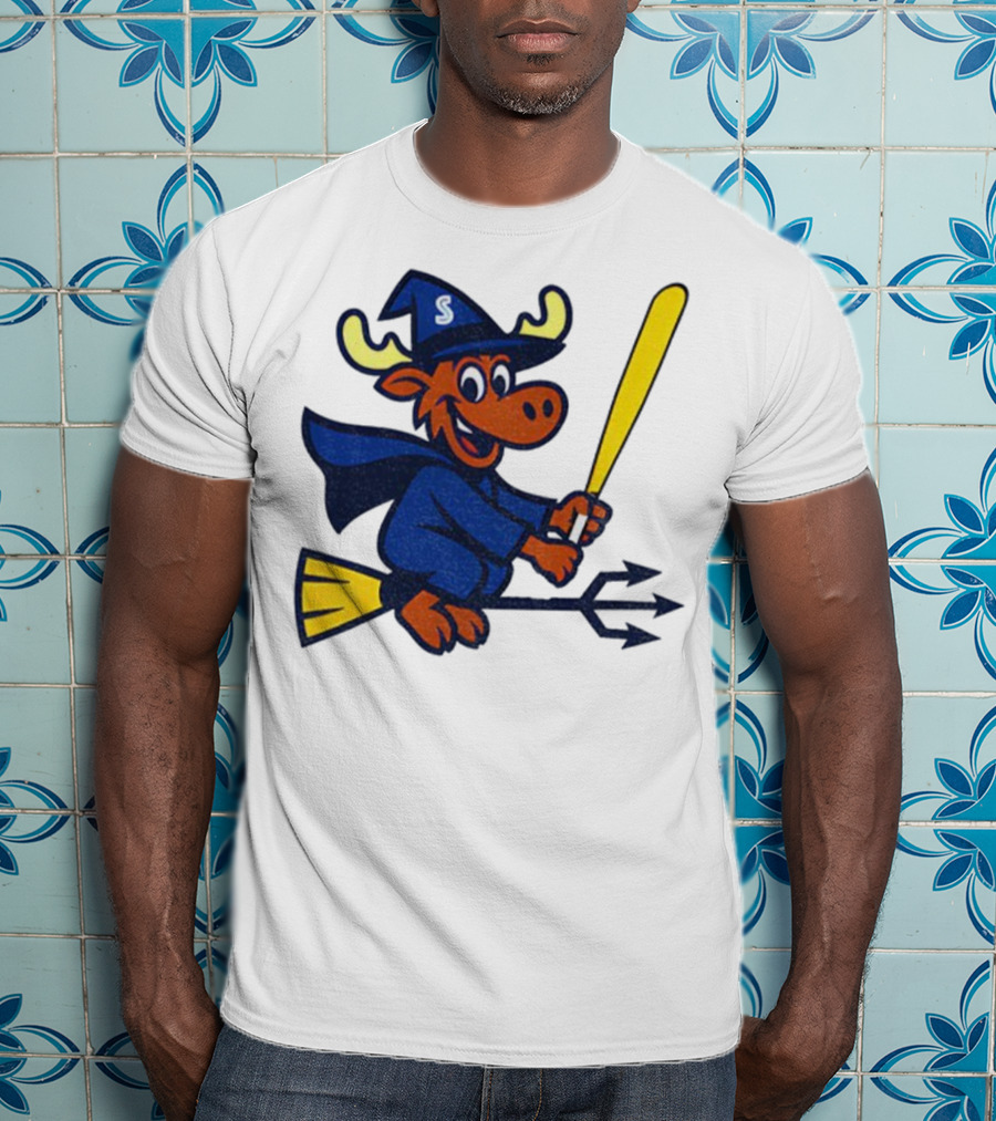 Etsy Moose Witch Seattle Mariners MLB Baseball Cartoon Trident T-Shirt