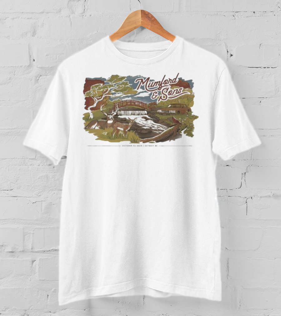 Mumford & Sons Little Caesars Arena Detroit MI October 20 2025 Deers Bridge And Stream Scene T-Shirt