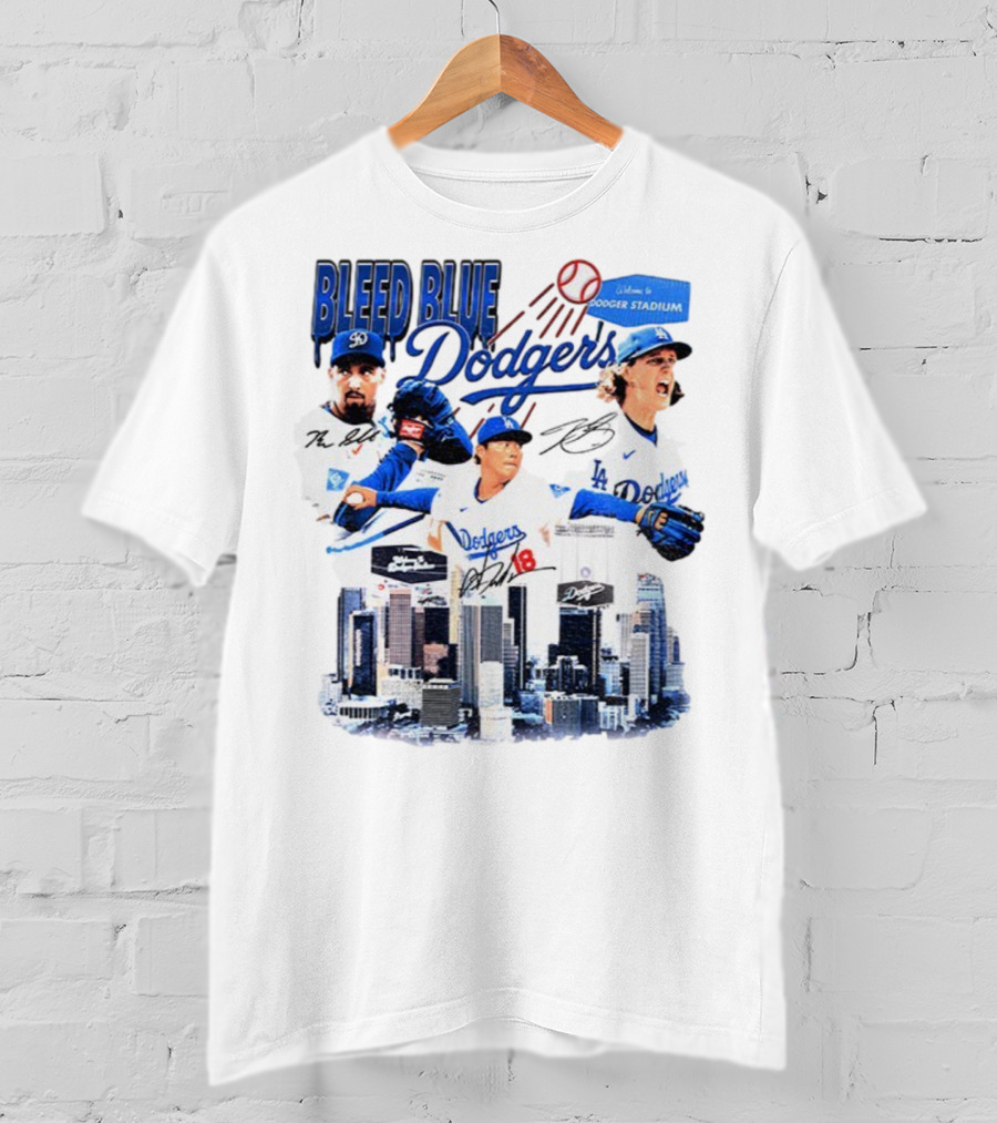 Bleed Blue Dodgers Shohei Ohtani Mookie Betts Yoshinobu Yamamoto Los Angeles Signatures Dodger Stadium T-Shirt