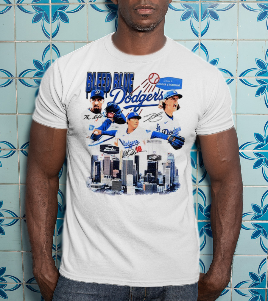 Bleed Blue Dodgers Shohei Ohtani Mookie Betts Yoshinobu Yamamoto Los Angeles Signatures Dodger Stadium T-Shirt