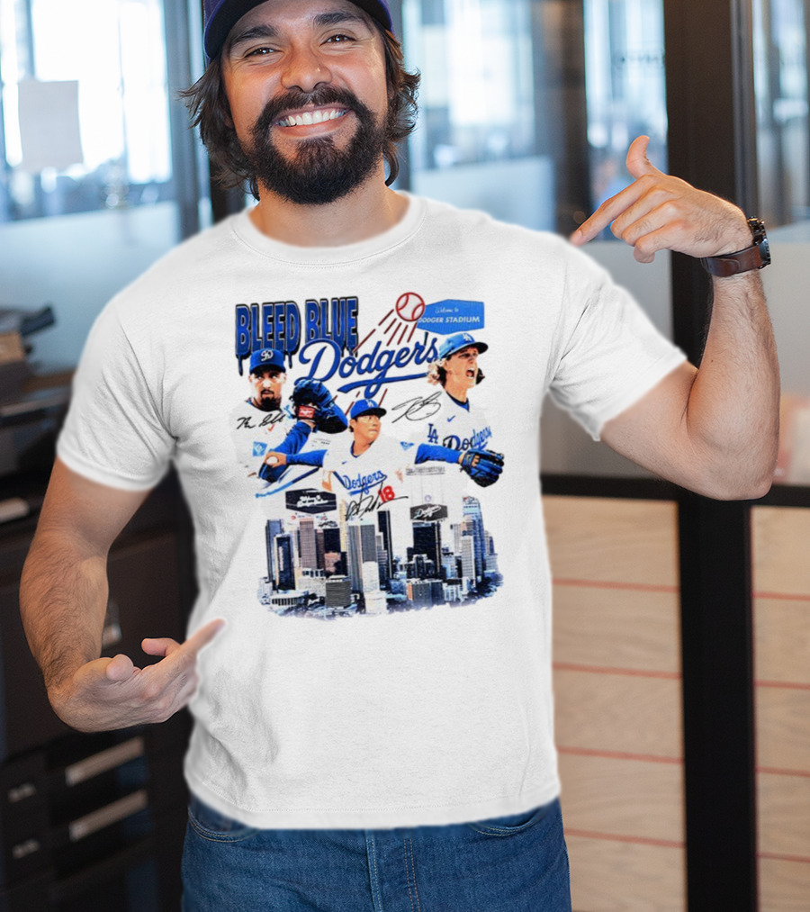 Bleed Blue Dodgers Shohei Ohtani Mookie Betts Yoshinobu Yamamoto Los Angeles Signatures Dodger Stadium T-Shirt