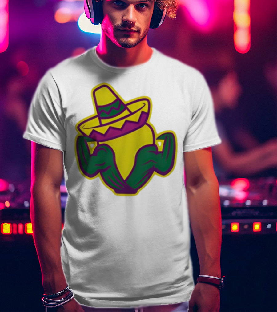 Cedar Rapids Kernels Corn Mascot In Sombrero Green And Yellow Design T-Shirt