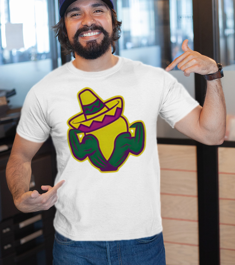 Cedar Rapids Kernels Corn Mascot In Sombrero Green And Yellow Design T-Shirt