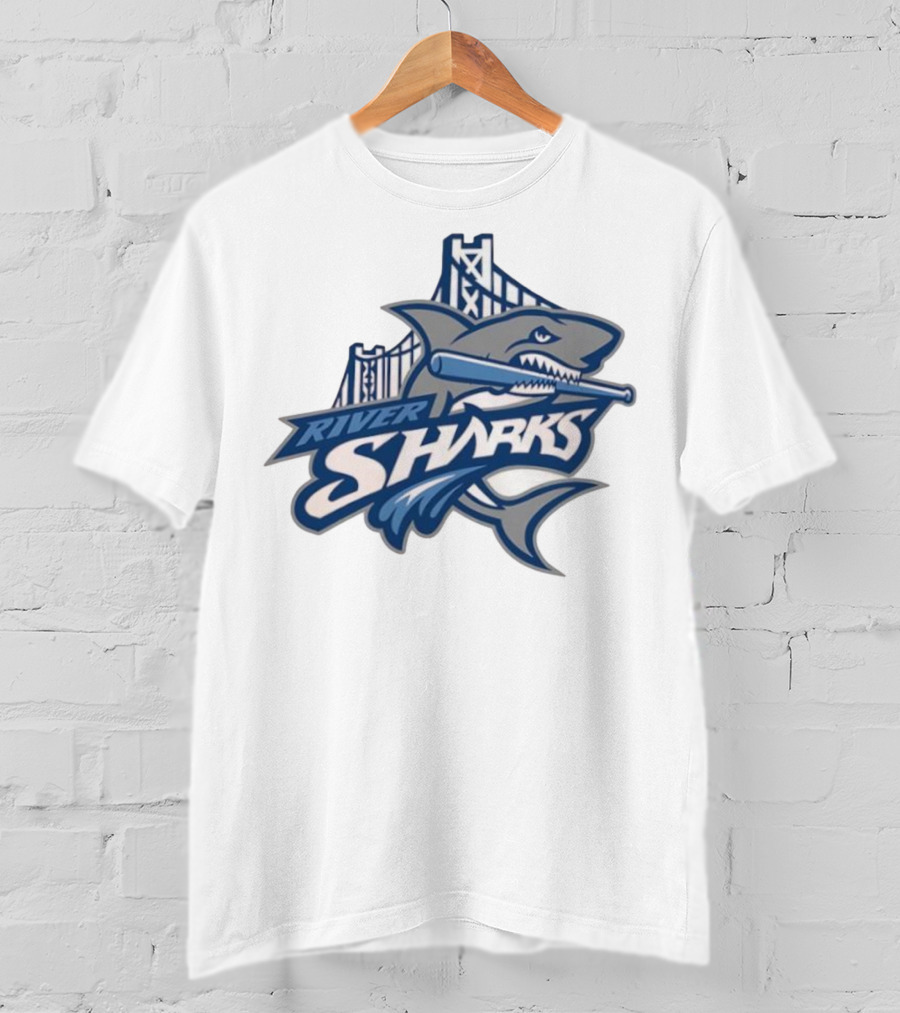 Camden Riversharks Baseball Team River Sharks Text With Shark And Bridge Imagery T-Shirt
