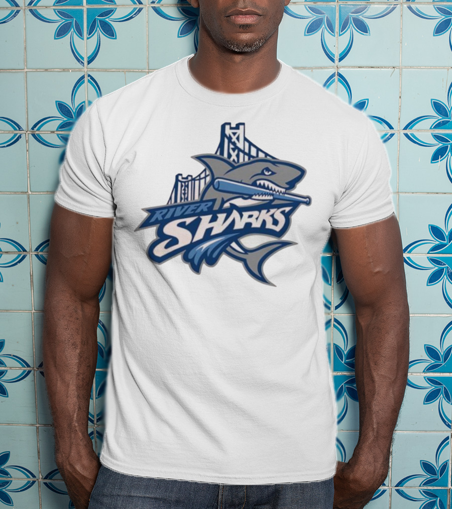 Camden Riversharks Baseball Team River Sharks Text With Shark And Bridge Imagery T-Shirt