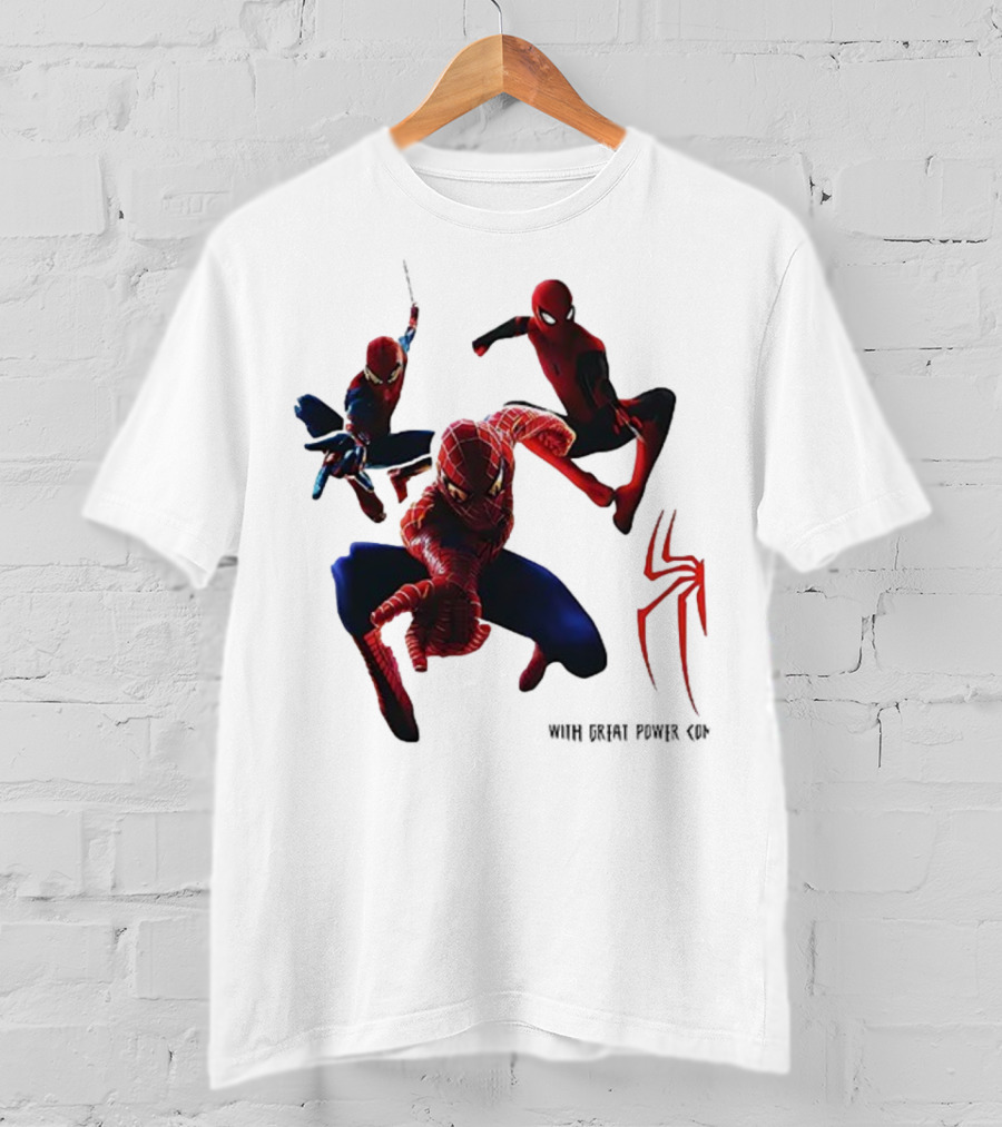 Spider Man Daily Bugle With Great Power Comes Great Responsibility Spider Logo Trio Suit Styles T-Shirt