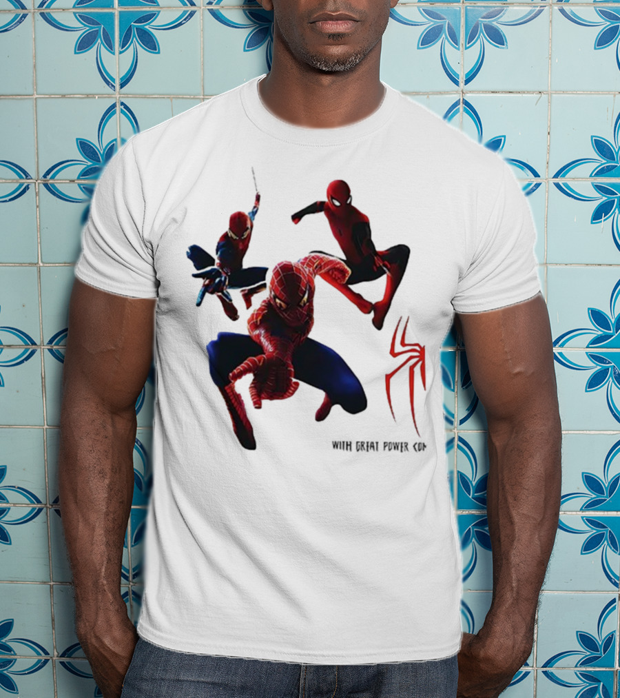 Spider Man Daily Bugle With Great Power Comes Great Responsibility Spider Logo Trio Suit Styles T-Shirt
