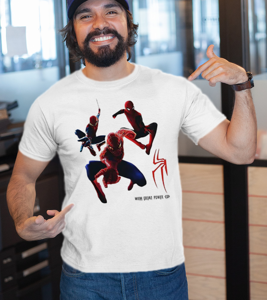 Spider Man Daily Bugle With Great Power Comes Great Responsibility Spider Logo Trio Suit Styles T-Shirt