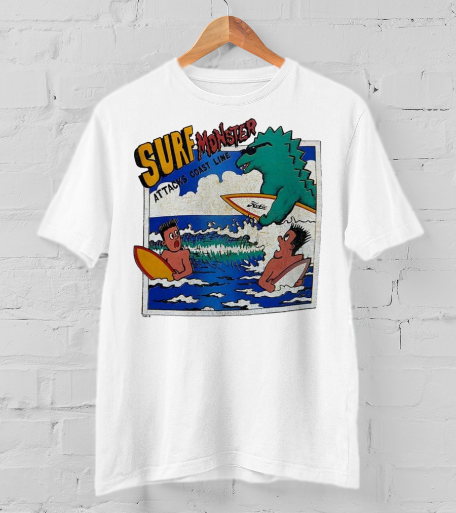Surf Monster Attacks Coast Line Retro Comic Style Surfing Scene T-Shirt