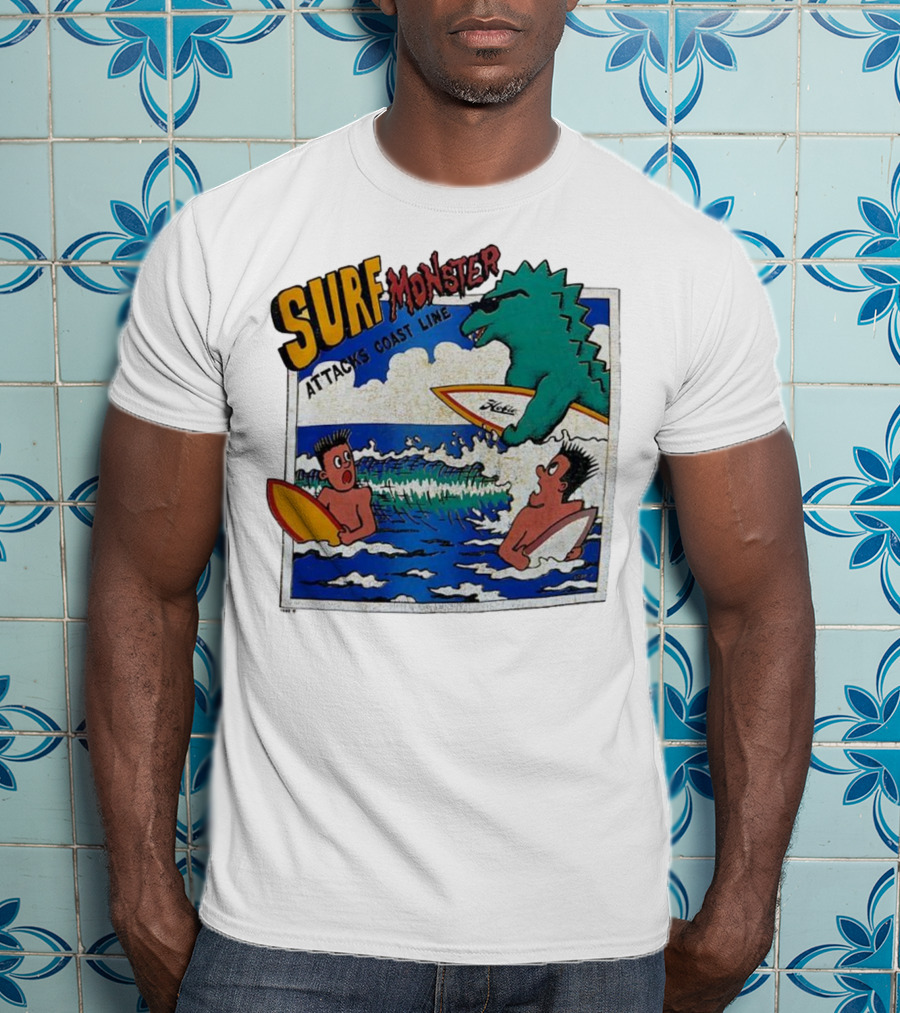 Surf Monster Attacks Coast Line Retro Comic Style Surfing Scene T-Shirt