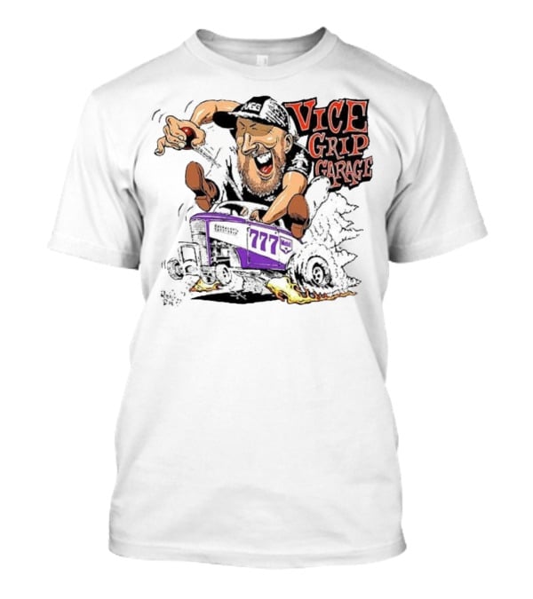Vice Grip Garage 777 Cartoon Hot Rod Illustration With Bearded Driver And Smoking Tires T-Shirt