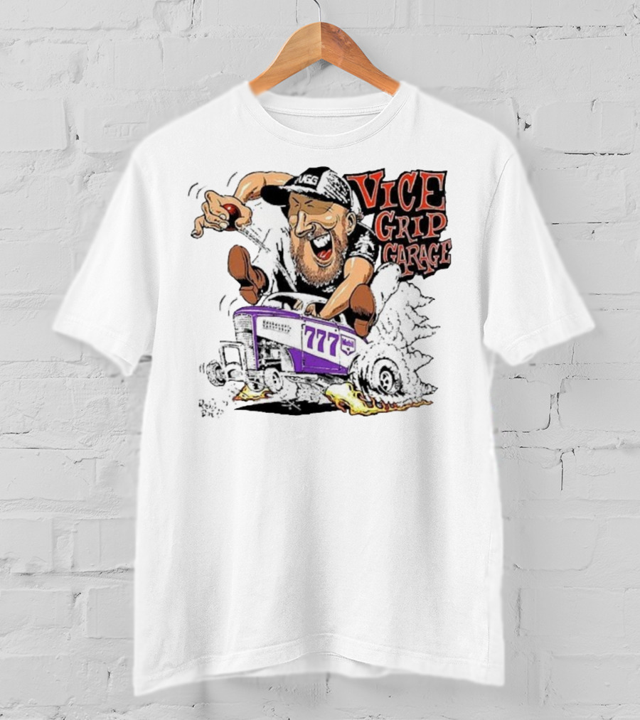 Vice Grip Garage 777 Cartoon Hot Rod Illustration With Bearded Driver And Smoking Tires T-Shirt