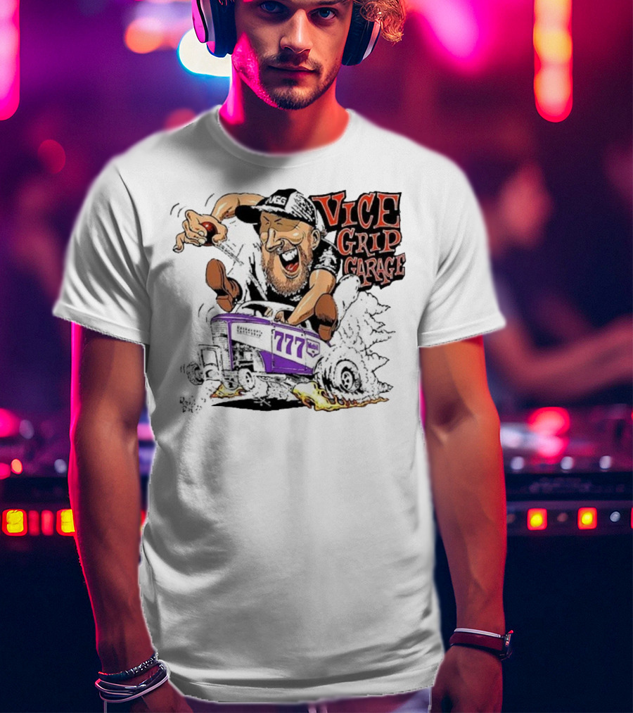 Vice Grip Garage 777 Cartoon Hot Rod Illustration With Bearded Driver And Smoking Tires T-Shirt