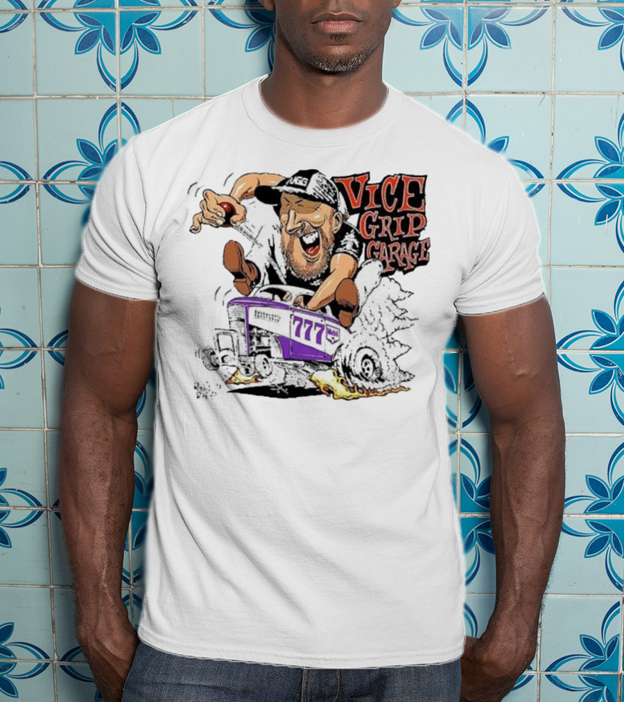 Vice Grip Garage 777 Cartoon Hot Rod Illustration With Bearded Driver And Smoking Tires T-Shirt