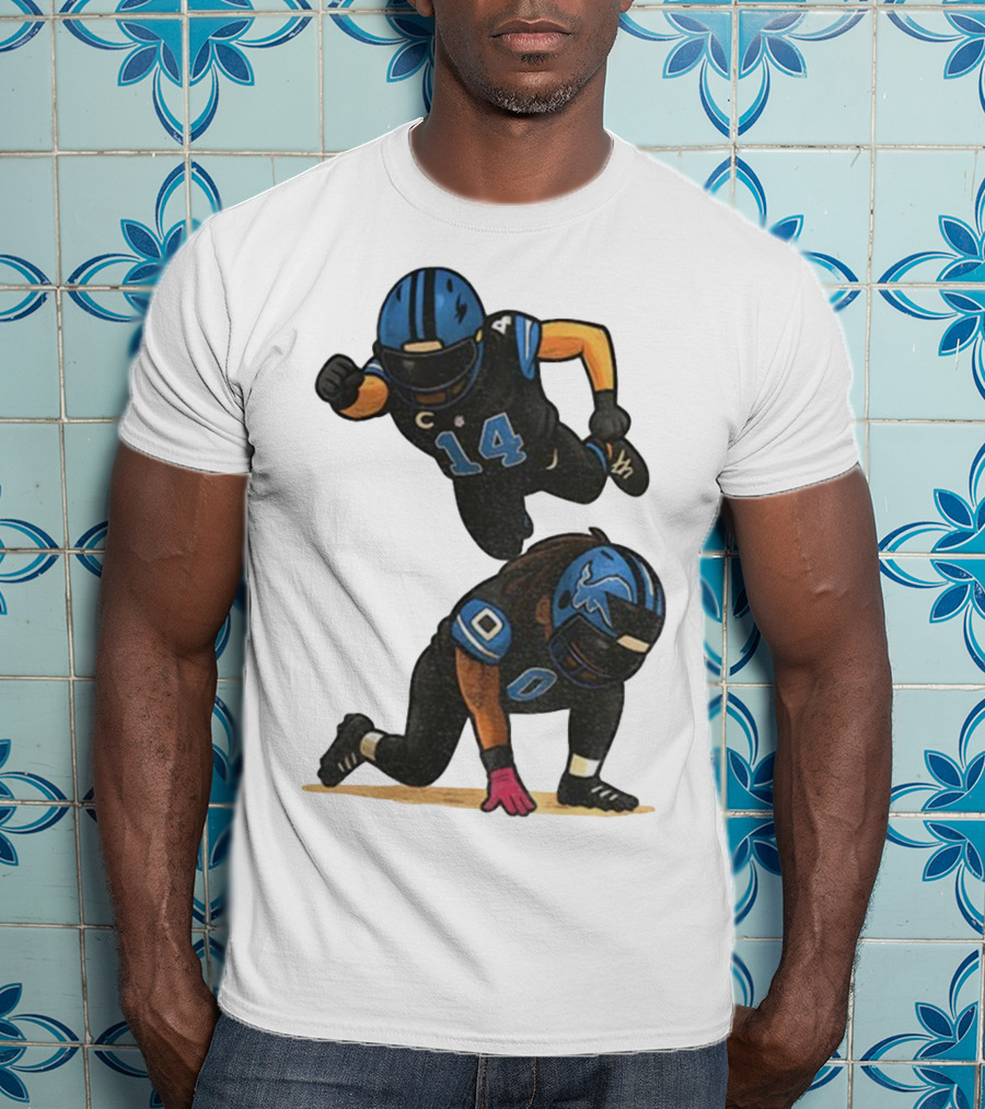 Amon Ra St. Brown Jahmyr Gibbs 14 00 Blue Black Football Celebration T-Shirt