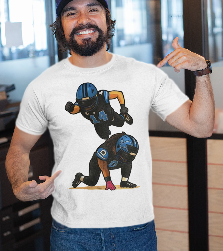 Amon Ra St. Brown Jahmyr Gibbs 14 00 Blue Black Football Celebration T-Shirt